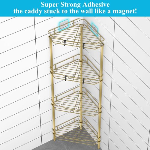 HuggieGems Corner Shower Caddy Organizer - 4 Tier Floor Stand with Hooks | Elegant Gold Finish