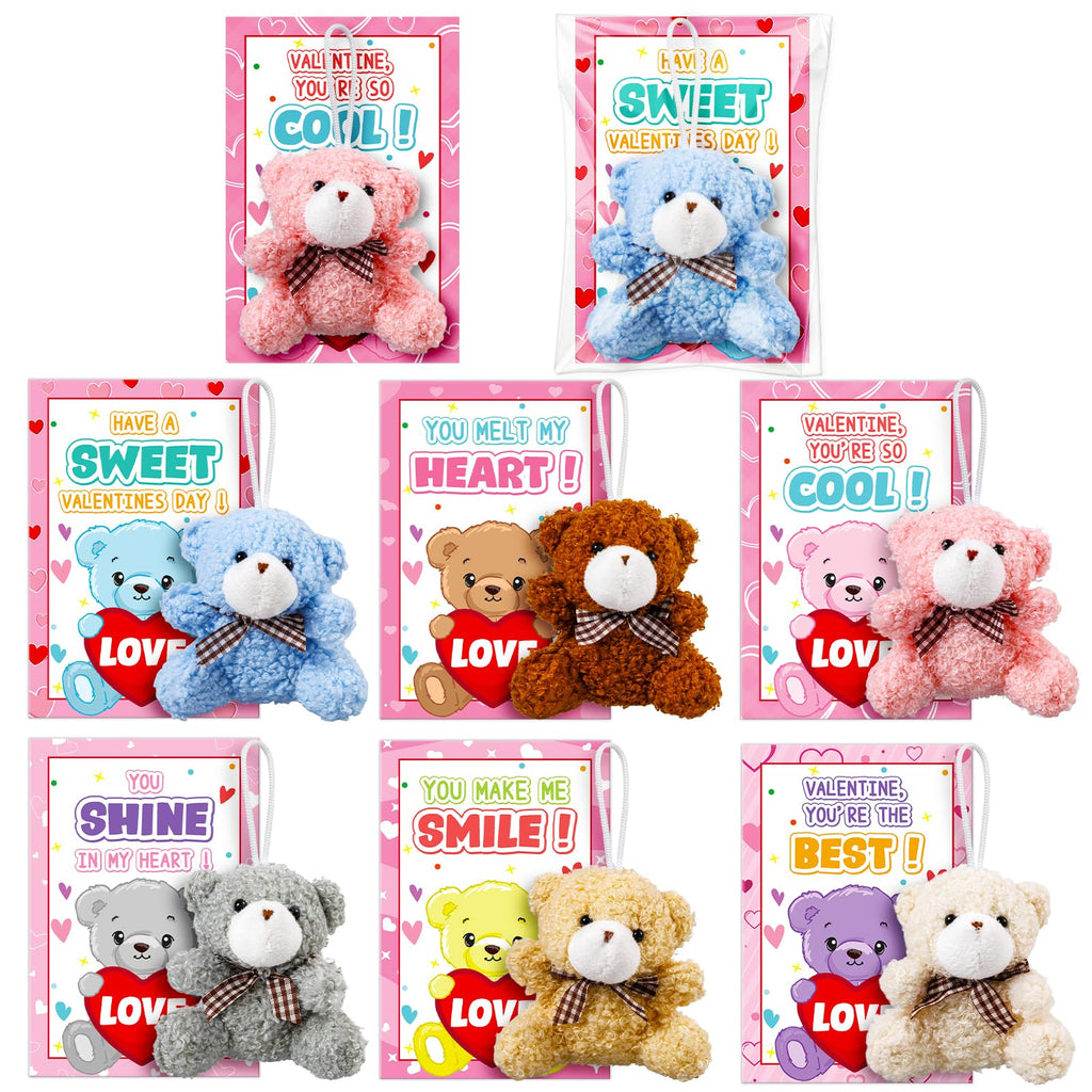 Jumlys Valentines Day Gifts for Kids, 24 Packs Valentines Day Cards with Stuffed Bear Toys, Valentine Day Party Favors for Boys Girls, Ideal Exchange Cards for Classroom