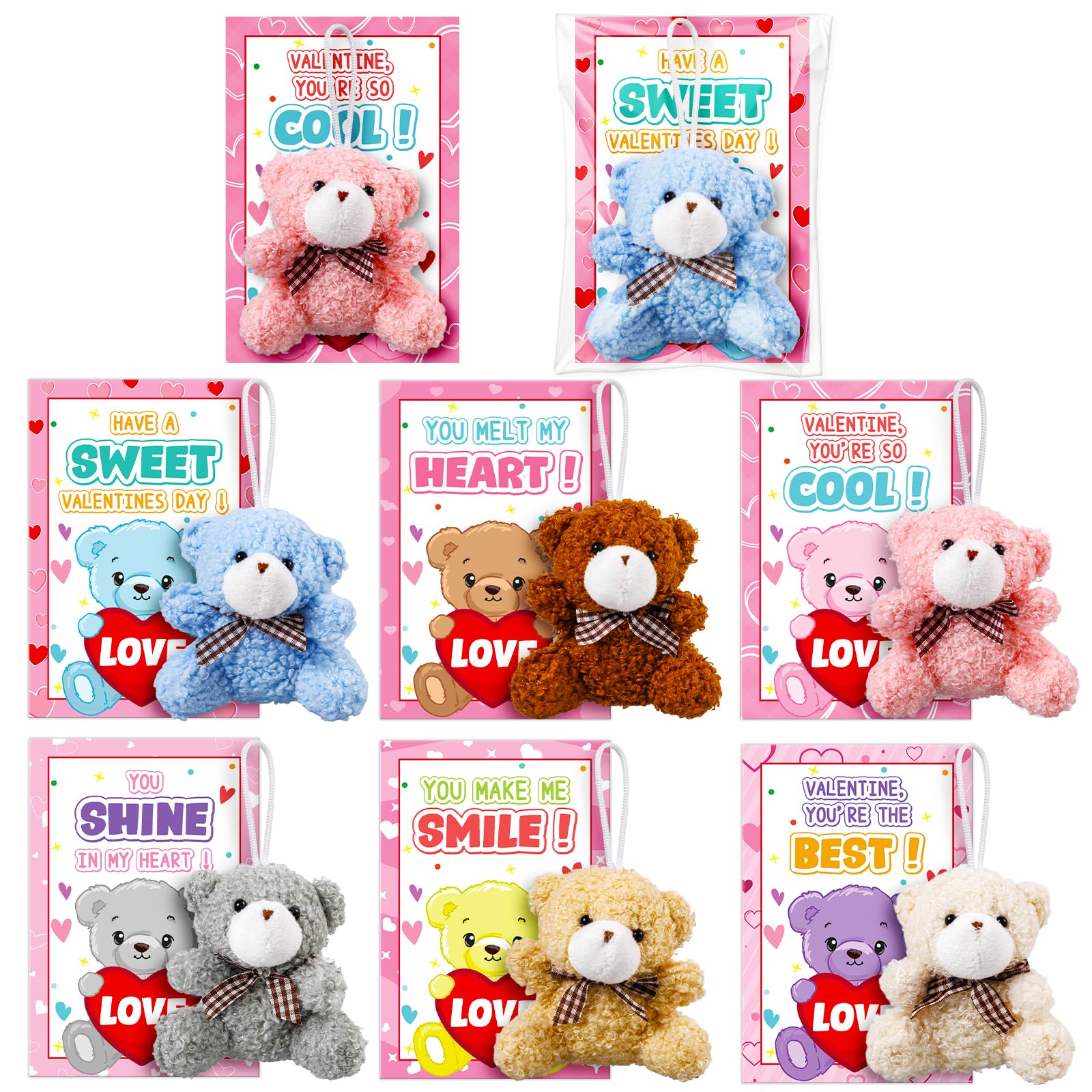 Jumlys Valentines Day Gifts for Kids, 24 Packs Valentines Day Cards with Stuffed Bear Toys, Valentine Day Party Favors for Boys Girls, Ideal Exchange Cards for Classroom