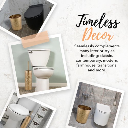 Autumn Alley Farmhouse Antique Gold Bathroom Accessories Set – Includes Gold Bathroom Trash Can & Toilet Brush with Holder, Handcrafted Modern Waste Bin & Standing Toilet Brush, Embossed Metal Décor