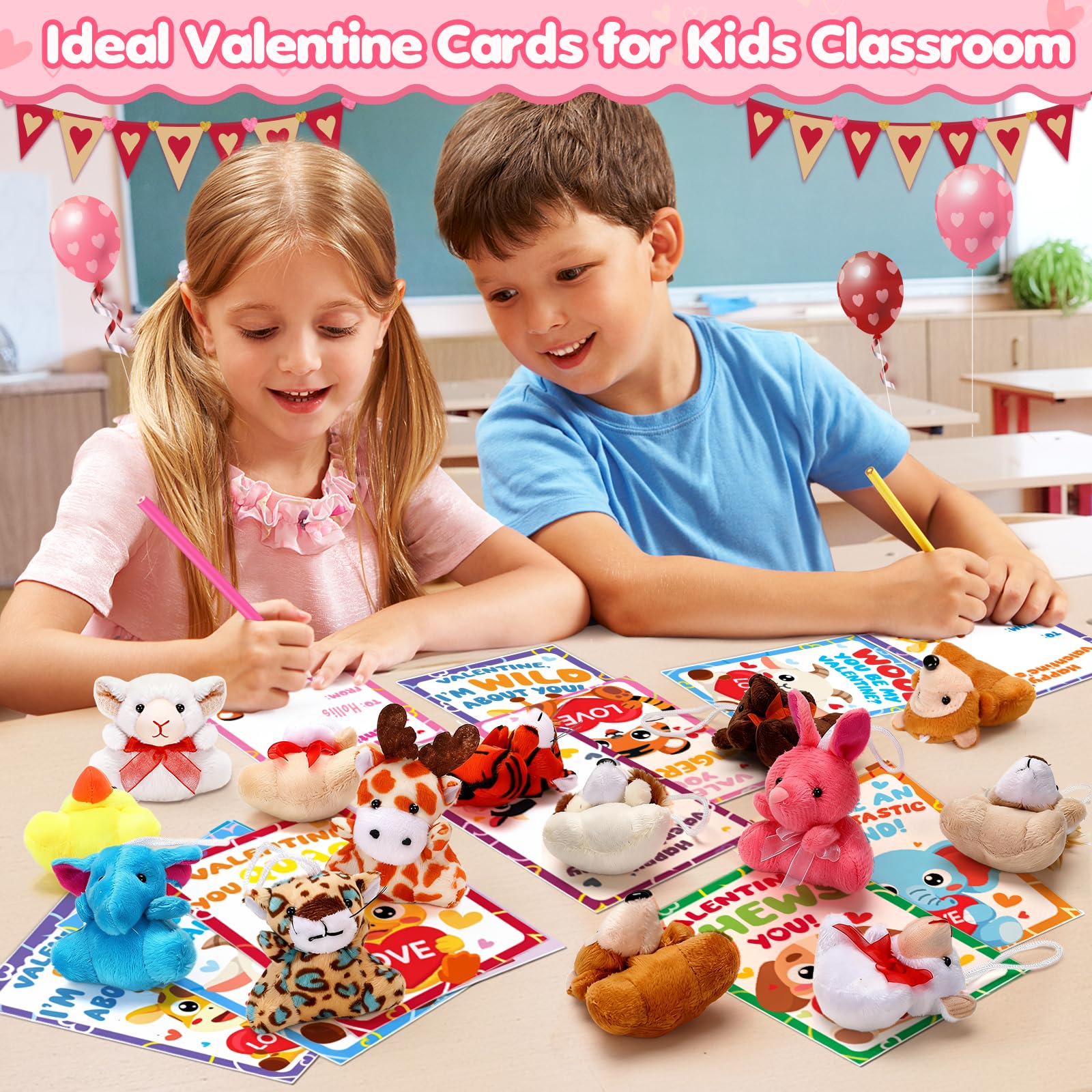 Valentines Day Gifts for Kids Classroom, 24 Pack Valentines Day Cards with Animal Plush Toy, Stuffered Animal Toys for Valentines Gifts Exchange, Kids Valentines Party Favors Supply For Boys Girls