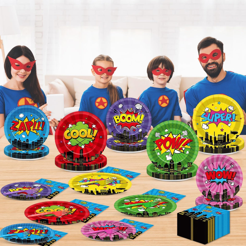 96Pcs Super Theme Hero Party Plates and Napkins Forks for Comic Heroes Birthday Decorations Hero's Action Sign Cityscape Buildings Tableware Set for 24 Guests Birthday Party Supplies Favors