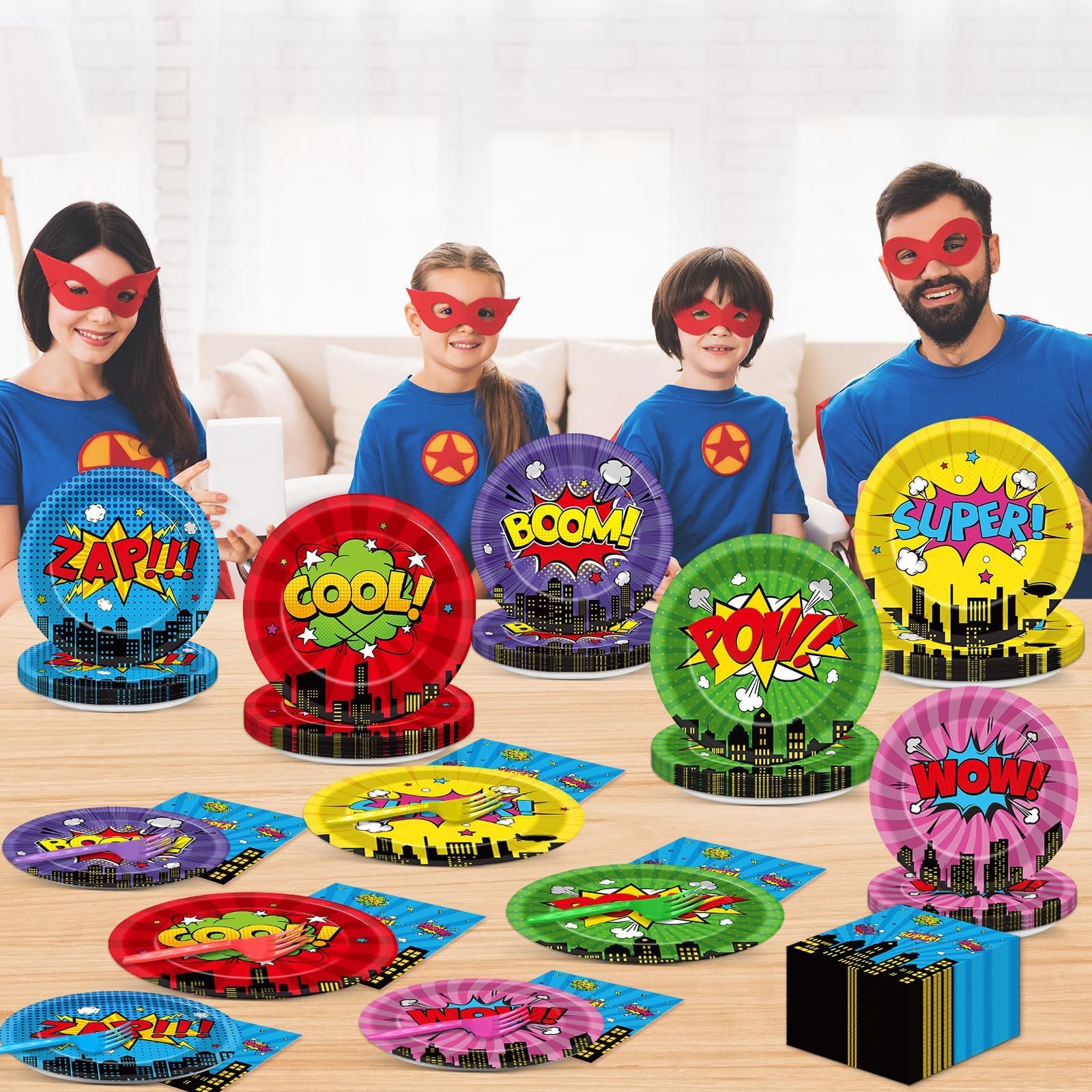96Pcs Super Theme Hero Party Plates and Napkins Forks for Comic Heroes Birthday Decorations Hero's Action Sign Cityscape Buildings Tableware Set for 24 Guests Birthday Party Supplies Favors