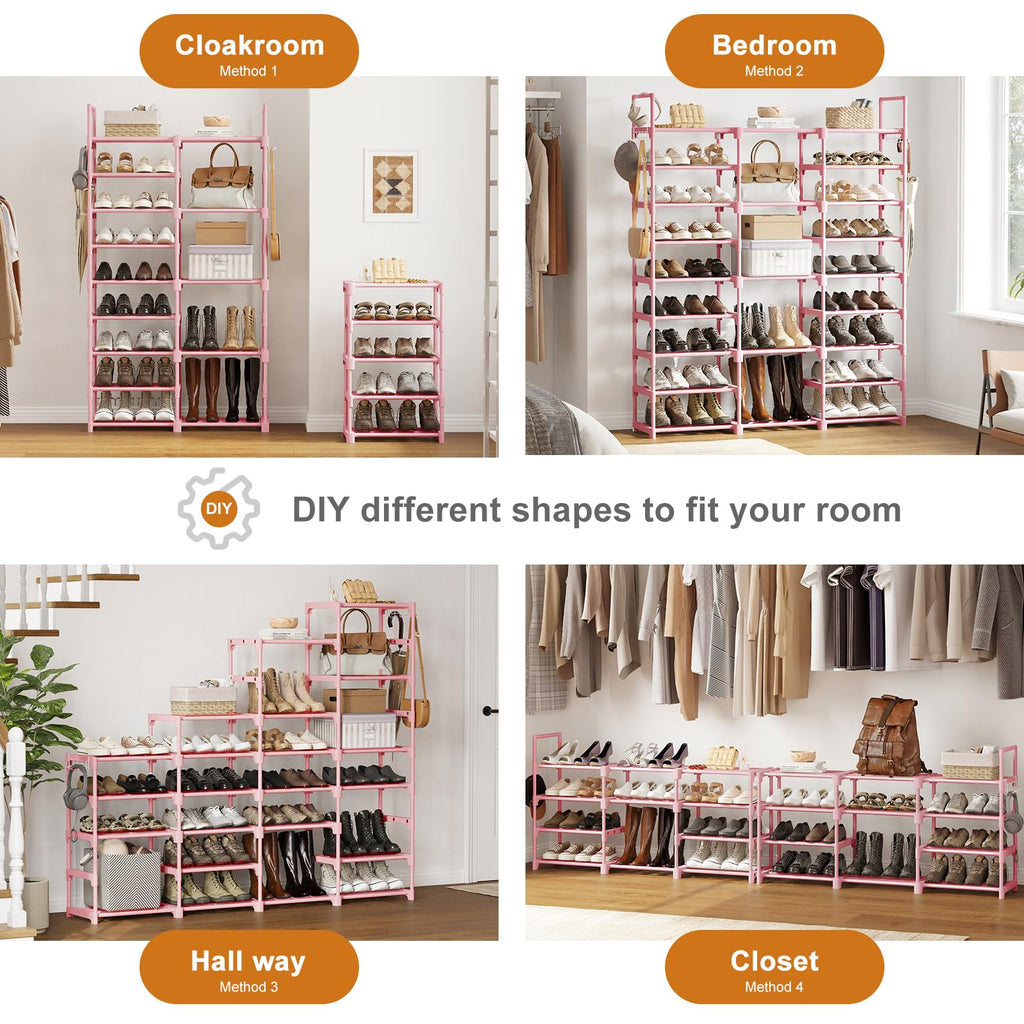 WOWLIVE 9 Tiers Shoe Rack Shoe Storage Shoe Organizer 50-55 Pairs Shoe Tower Unit Shelf Durable Metal Pipes with Plastic Connectors Stackable Cabinet Pink