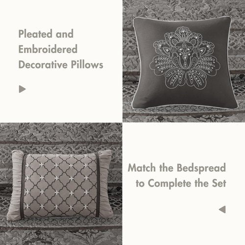 Madison Park Traditional Damask Design All Season, Lightweight Coverlet Bedspread Bedding Set, Matching Shams, Pillows, (120"x118"), Bellagio, Jacquard Grey, 5 Piece
