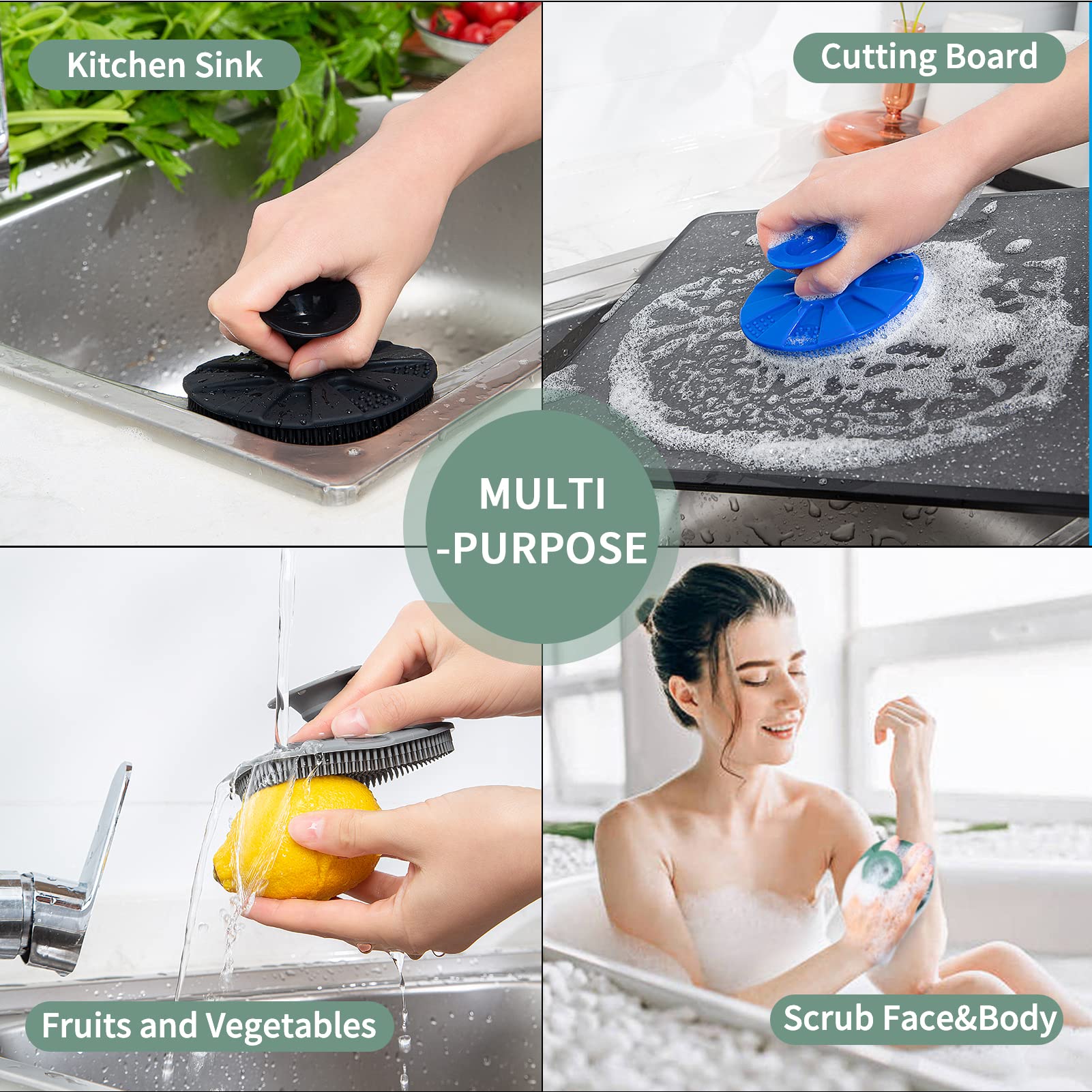 Silicone Sponge 3 Pack, BEAUTAIL Non-Scratch Scrub Sponges, for Washing Dishes and Cleaning Kitchen, Long Lasting and Reusable Dishwashing Scrubber, Suction Up Hang Designed, Black+Olive Green+Gray