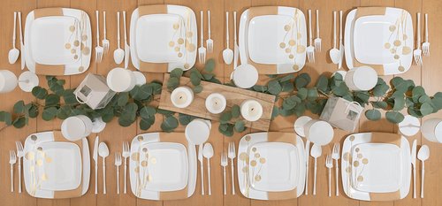 PLASTICPRO Square 128 Piece Combo Plates Set includes 64 x 7'' inch Salad Plates & 64 x 10'' inch Dinner Plates White Plastic with Gold Dandelion Design Party Plates, heavyweight Elegant,