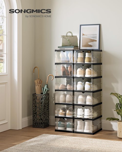 SONGMICS Foldable Shoe Boxes, Pack of 12 Stackable Shoe Storage Organizer, Set of 2 Integraed Shoe Cabinets, Portable, Fit up to US Size 13, 60s Assembly, Transparent and Ink Black ULSP206B01