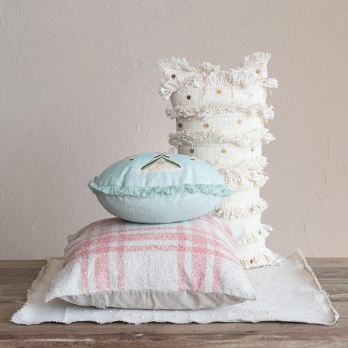 Creative Co-Op, Multicolor Round Cotton Printed Pillow with Embroidered Dove and Fringe