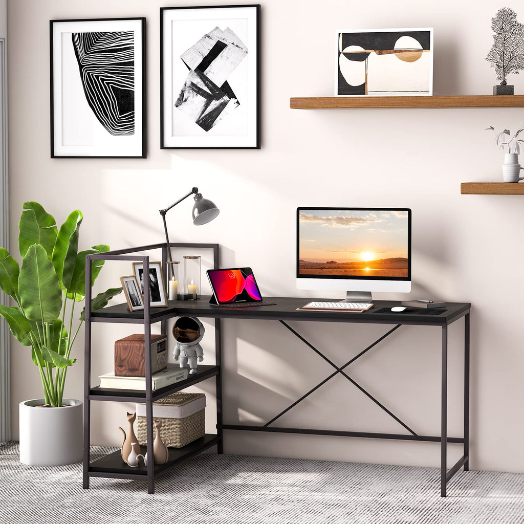 COSTWAY 59 Inch L-Shaped Computer Desk, Large Reversible Corner Desk with Open Storage Shelves, Space-Saving Writing Study Table PC Laptop Gaming Desk, for Home Office (Black)