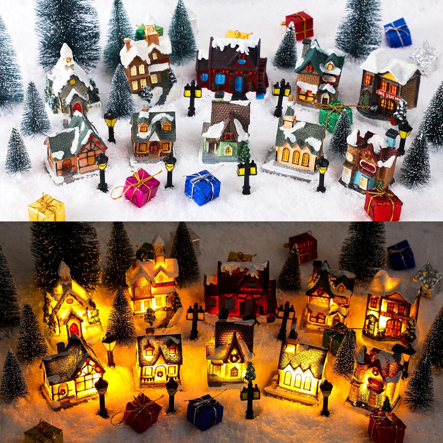 Shappy Christmas Village Houses Set - 48 Pcs with 10 LED Lights, Mini Trees & Snow Blanket