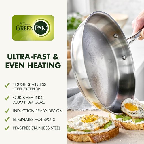 GreenPan Stainless Steel Cookware Set - 11 Piece Induction Cookware | Dishwasher & Oven Safe, 8QT Stock Pot, Silver
