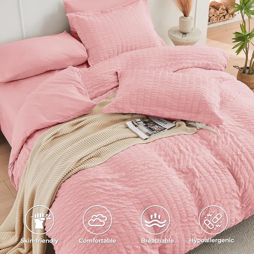 HYMOKEGE Twin Comforter Set - Rose Pink Seersucker 5-Piece Luxury Bedding Set | All-Season Comforter, Sheets & Pillowcase