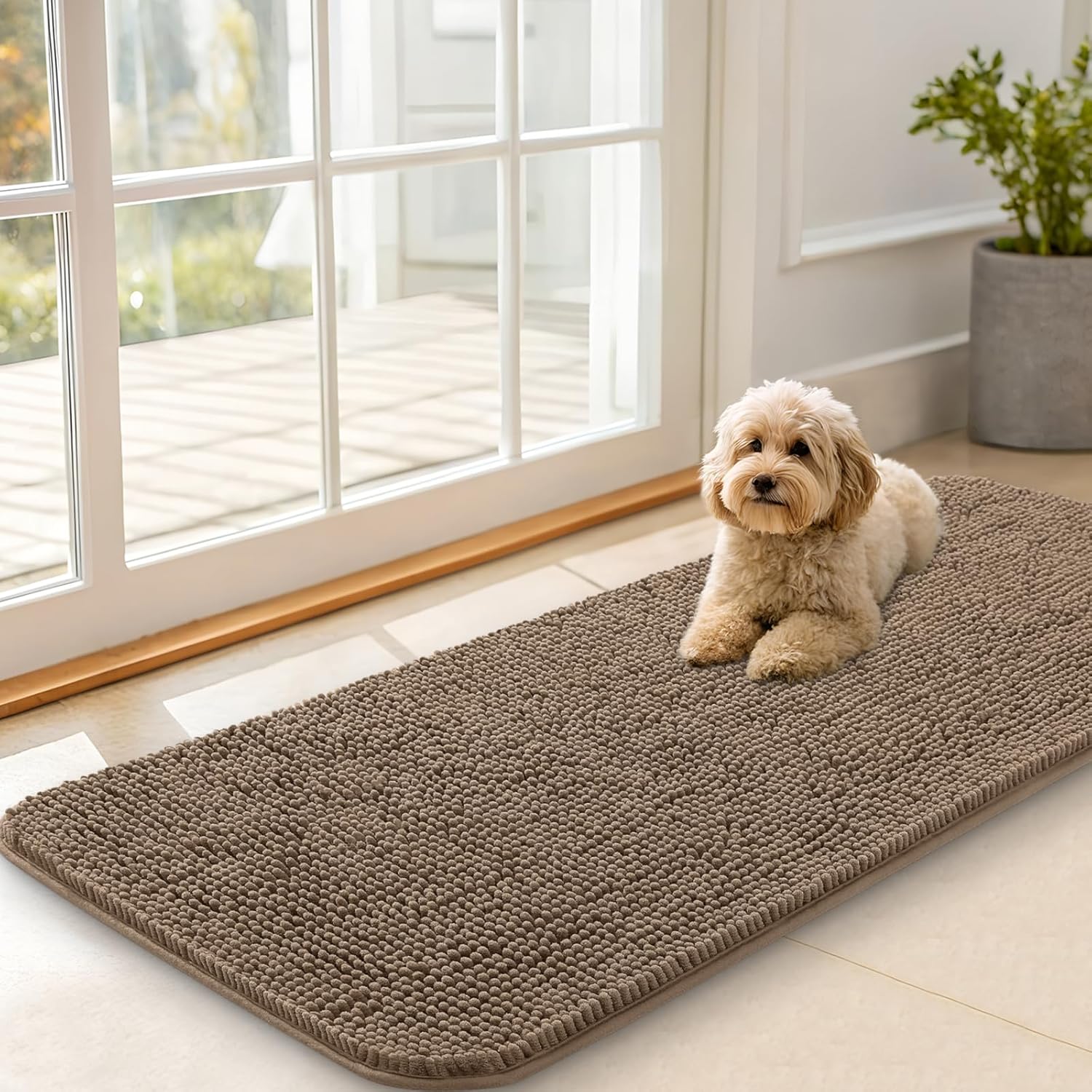 OLANLY Dog Door Mat - Absorbent Non-Slip Washable Chenille Mat for Muddy Paws | 47x20 Tan