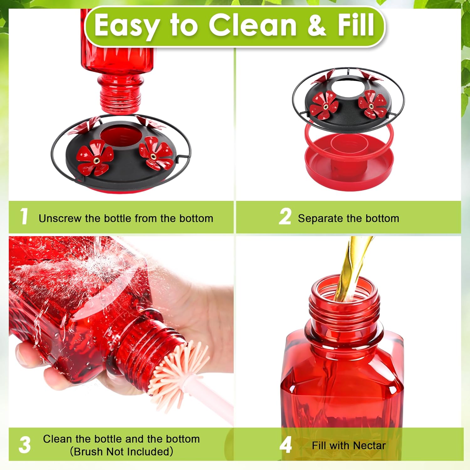 Skiennix 20oz Glass Hummingbird Feeder - Outdoor Hanging Design with Bee Guard & Ant Moat, Red (2 Pack)