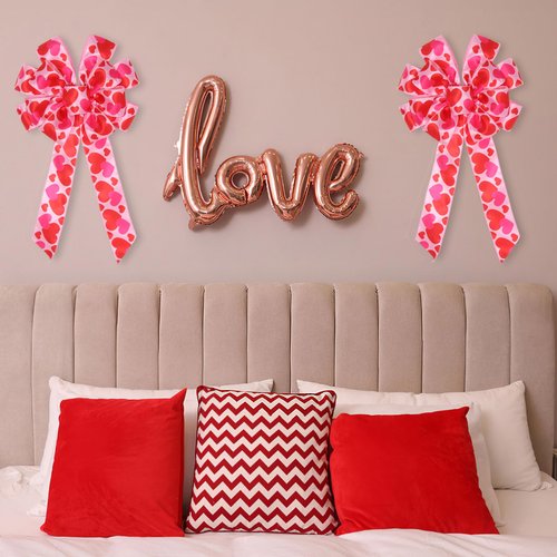 2Pcs Valentine's Day Bows, Pink Valentine's Day Wreath Bow With Heart Printed Gift Bow Tree Topper for Valentine's Day Wedding Holiday Mother's Day Front Door Wreath Indoor Outdoor Home Decorations