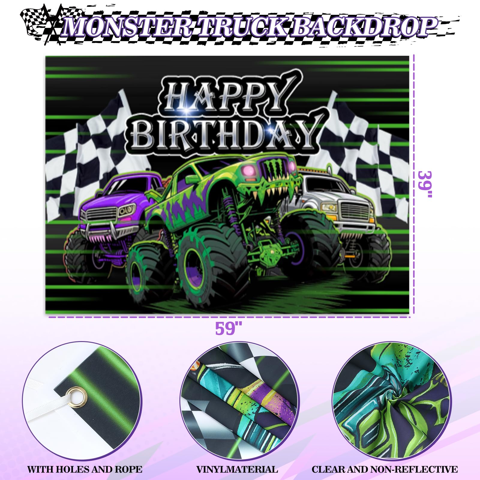130Pcs Monster Truck Birthday Decorations for Boys Truck Theme Balloon Garland Arch Kit with Backdrop Triangle Banner Black Green Purple Wheel Foil Balloon Kids Monster Truck Party Decor Supplies