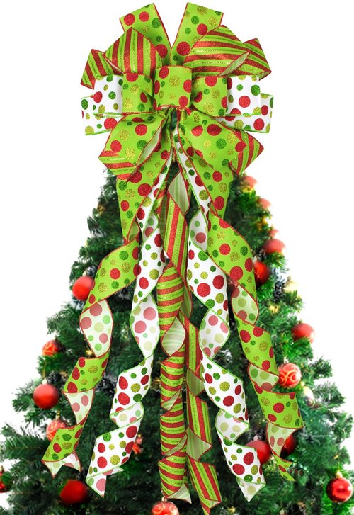 Wninbu Christmas Tree Topper Bow Wreath, 44 x 13 Inches Large Bow Tree Topper, Glitter Red and Green Christmas Wreath for Tree Indoor Outdoor Christmas Decoration