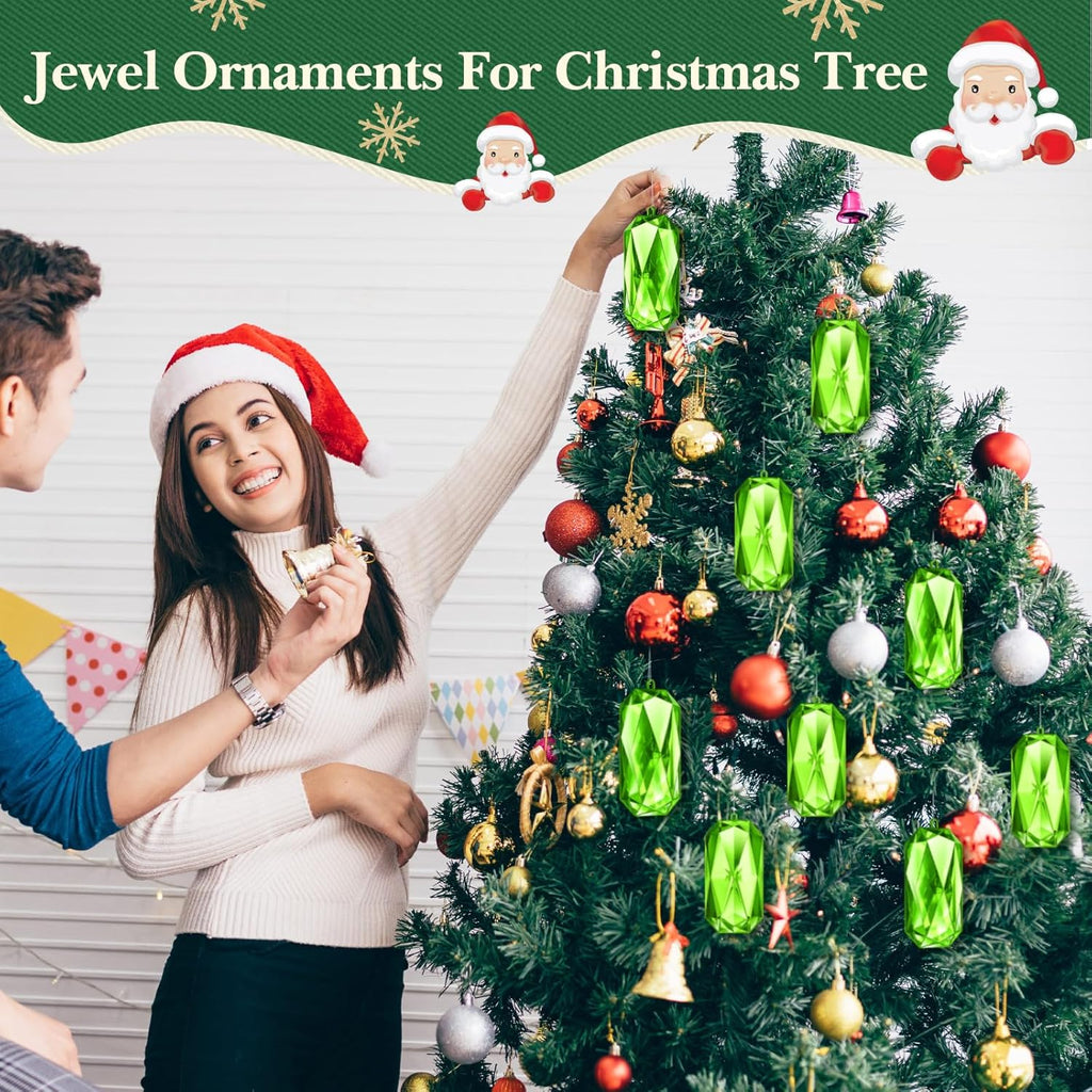 Syhood 4 Pack Green Jewel Ornaments - 5.7 Inch Acrylic Glitter Decorations for Christmas Tree & Holiday Parties