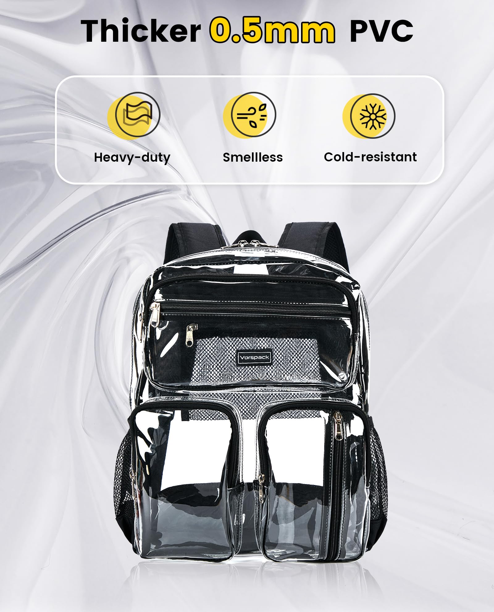 Vorspack Clear Backpack for School - Heavy Duty See Through Bookbag for Girls Boys Large Transparent Backpacks for Work, Travel, Festival - Black