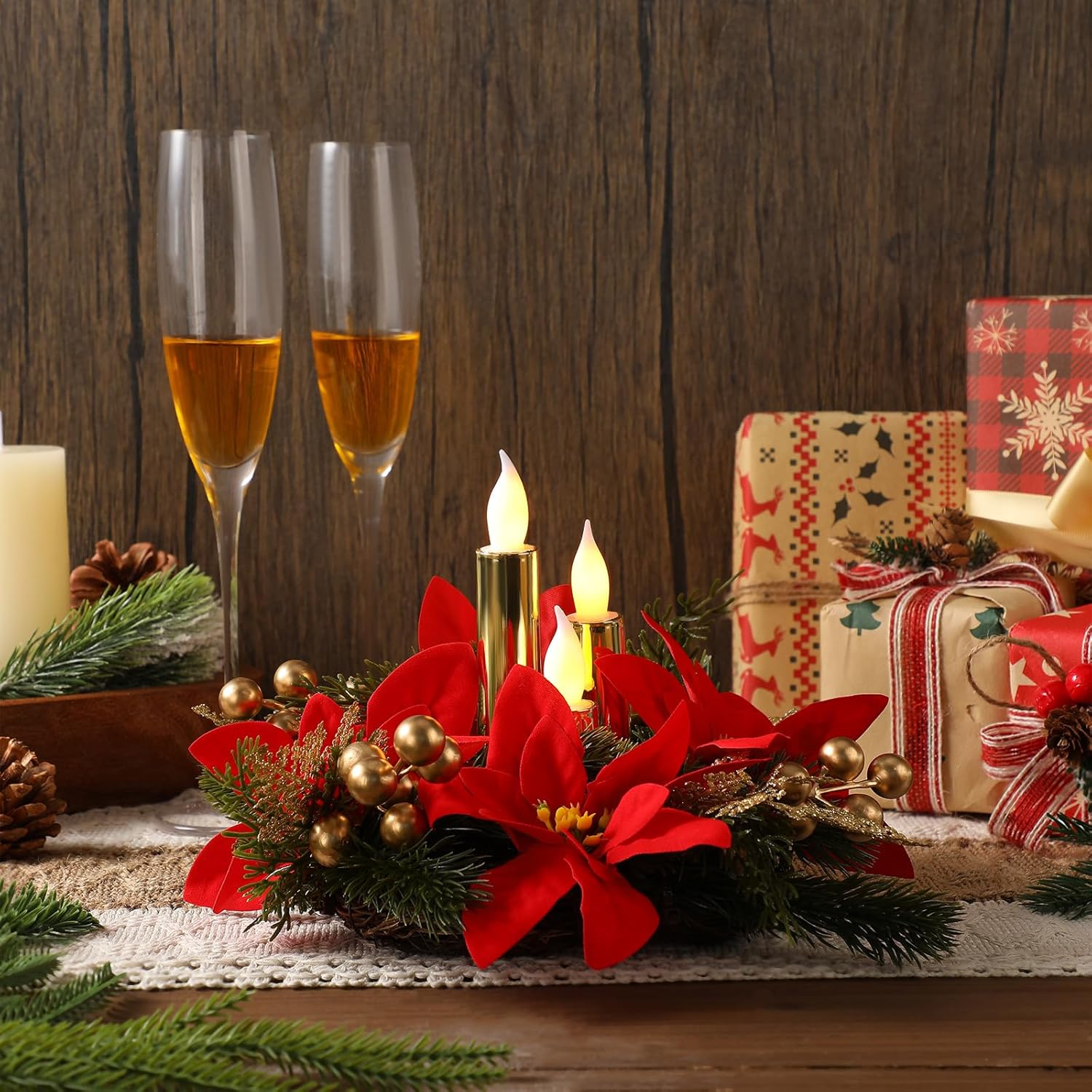 Tuanse Christmas Poinsettia Centerpieces - Flameless Candle Holders with LED Candles | Red & Gold Decor