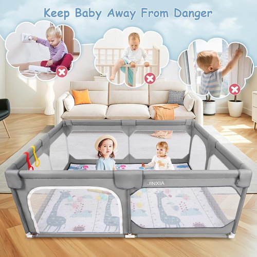 JINXIA Baby Playpen - Large 50"x50" Soft Mesh Safety Play Yard for Indoor/Outdoor Fun - Grey
