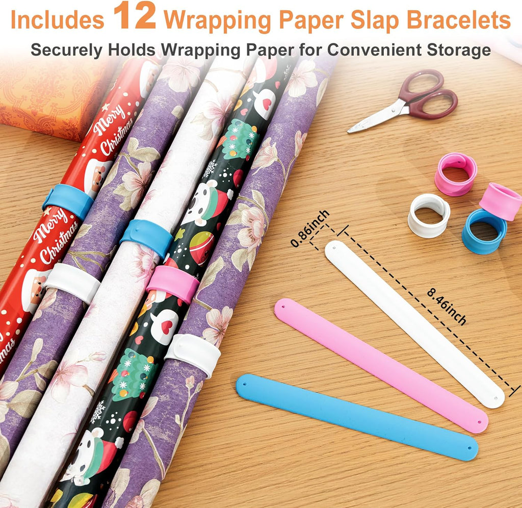 Aquzee Gift Wrapping Paper Organizer - Vertical Storage Cart with Adjustable Rod & Ribbon Holders | 12 PCS Slap Bracelets, White