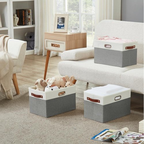 Bagnizer Large Collapsible Storage Bins - Durable Foldable Organizer Baskets | 3 Pack, Gray & White (14.9"x9.8"x9.8")