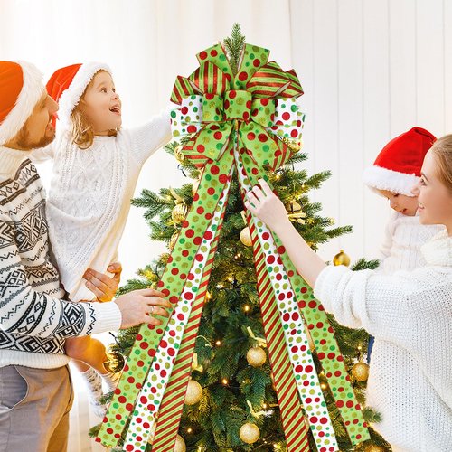Wninbu Christmas Tree Topper Bow Wreath, 44 x 13 Inches Large Bow Tree Topper, Glitter Red and Green Christmas Wreath for Tree Indoor Outdoor Christmas Decoration