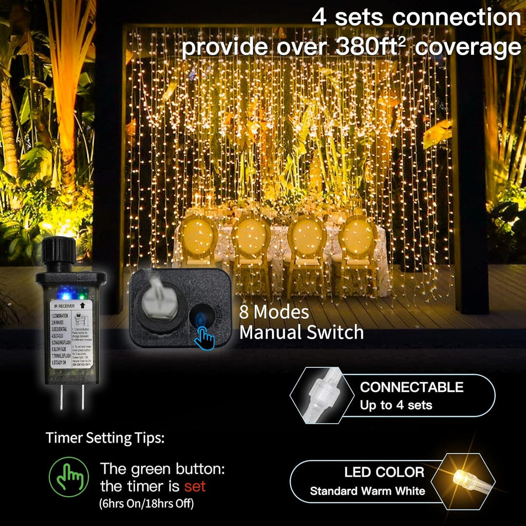 Suddus Curtain Lights - 300 LED Warm White String Lights for Bedroom | 9.8x9.8ft Backdrop Decor