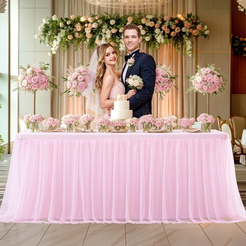 4 Pack Pink Table Cloth for 6 Foot Rectangle Tables, Pink Stretch Fitted Tulle Table Covers Skirt, Rectangular Ruffle Tutu Tablecloth Wedding Banquet Baby Shower Cake Tablecloths Decorations