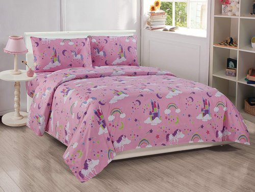 Luxury Home Collection 5 Piece Twin Size Comforter Set for Girls/ Teens Unicorn Castle Rainbow Clouds Moon Shining Stars Lavender Pink Blue Yellow (Twin Comforter)