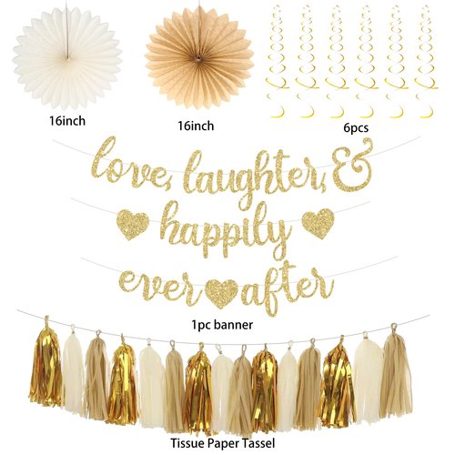 Roetyce Engagement Party Decorations, Gold Glitter Love Laughter & Happily Ever After Banner for Bridal Shower, Wedding Bachelorette Party Backdrop, Almost Married/Just Engaged Photo Background Decor