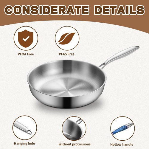 GOLDEN KEY 12 Inch Tri-Ply Stainless Steel Pan, Stainless Steel Frying Pan with Lid,Stainless Steel Skillet Induction All Cooktops, PFOA/PTFE Free Skillet,Health&Safety,Heavy Duty&Fast & Even Heat