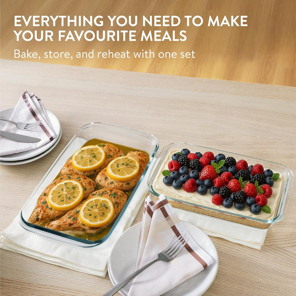 Navaris 4-Piece Glass Baking Dish Set - Rectangular Casserole Dishes with Lids | 1.7qt & 2.3qt Sizes