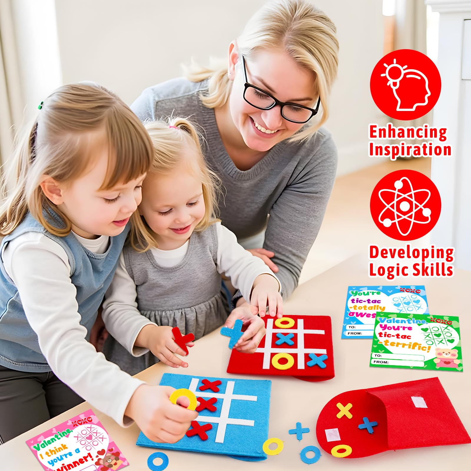 24 Pack Valentines Day Gifts for Kids School Classroom - Tic Tac Toe Game with Funny Valentine's Day Exchange Cards for Toddler Boys Girls Classmates Valentine Party Favors Prizes Boxes Treat Bulk
