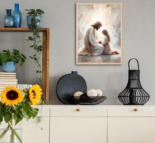 Jesus & Girl Wall Art - Christian Spiritual Painting of Jesus Praying with Child | Unframed Religious Decor