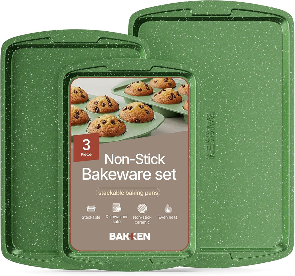 BAKKEN Baking Pan Set - Nonstick Green Marble Coating, Commercial Grade Carbon Steel | Oven Safe Up to 450°F, Set of 3