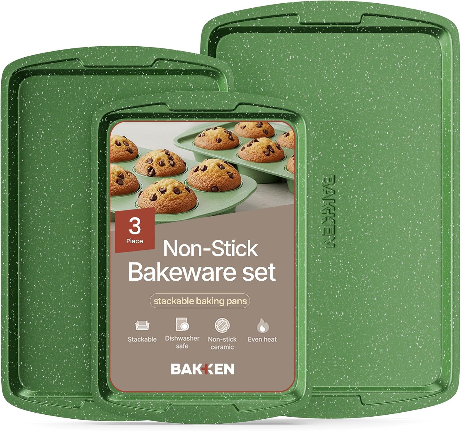 BAKKEN Baking Pan Set - Nonstick Green Marble Coating, Commercial Grade Carbon Steel | Oven Safe Up to 450°F, Set of 3
