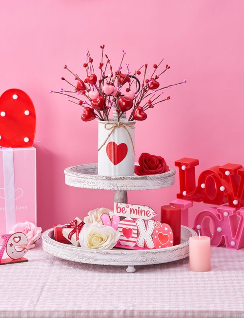 KIVIVO Valentines Day Centerpieces for Tables, Valentines Table Decor with 1 Printed Heart White Metal Vase, 4 Pcs Heart Artificial Flowers, Valentine's Day Table Decorations Indoor for Home, Kitchen