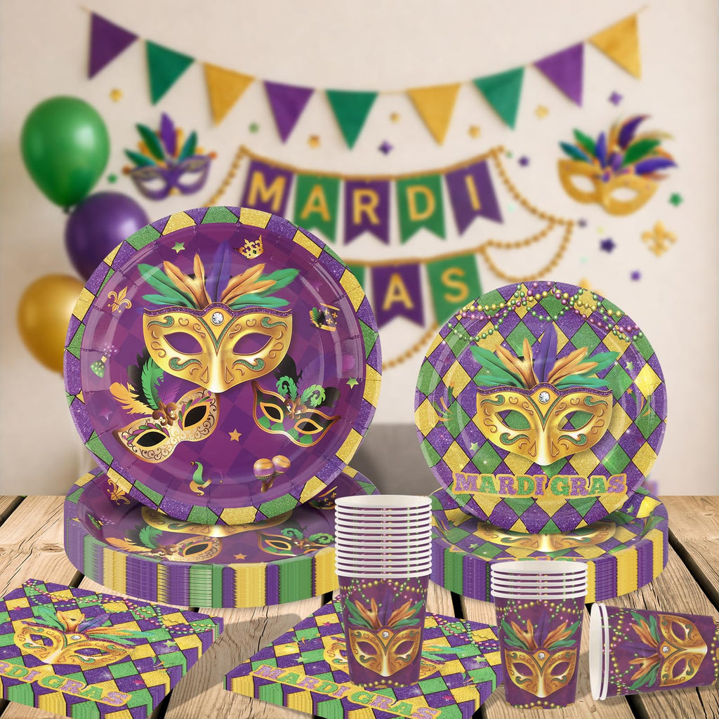 Arosche Mardi Gras Decorations Party Supplies Set for 24-Disposable Paper Plates and Napkins, Cups, New Orleans Masquerade Beads Holiday Tableware Party Decorations for Fat Tuesday Party Table Decor