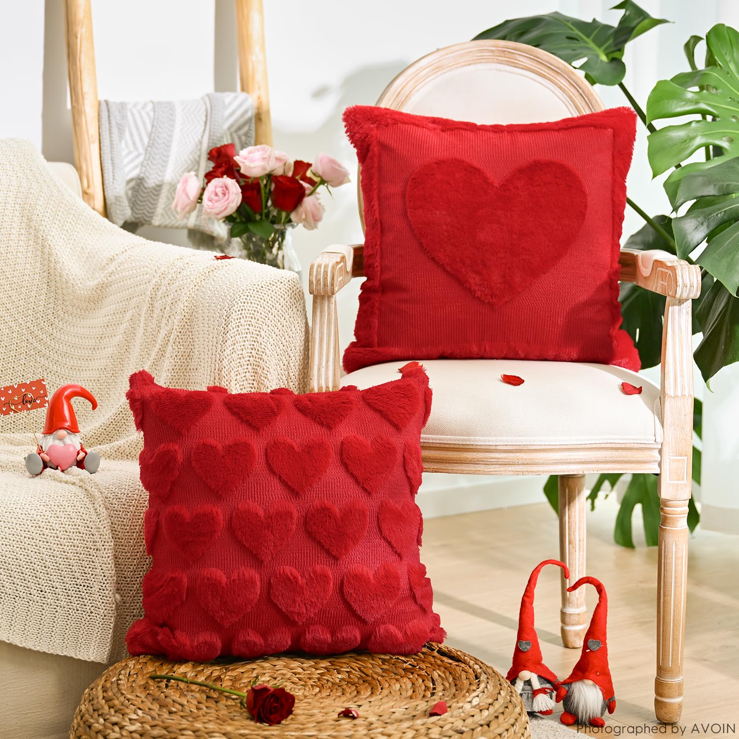 AVOIN colorlife Valentine's Day Love Heart Red Throw Pillow Covers, 18 x 18 Inch Anniversary Wedding Gift Home Decor Soft Plush Faux Fur Jacquard Cushion Case for Sofa Couch Set of 2