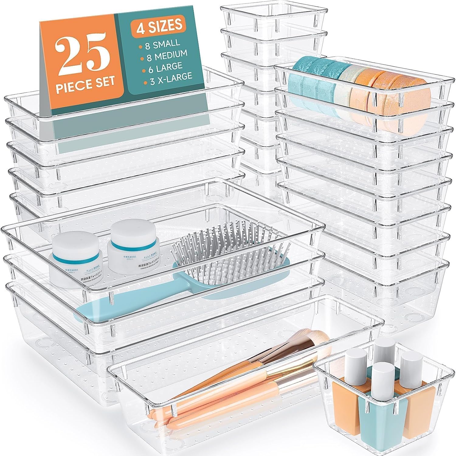 WOWBOX 25 PCS Clear Plastic Drawer Organizer Set - Versatile Dividers for Makeup, Jewelry & Gadgets | 4 Sizes