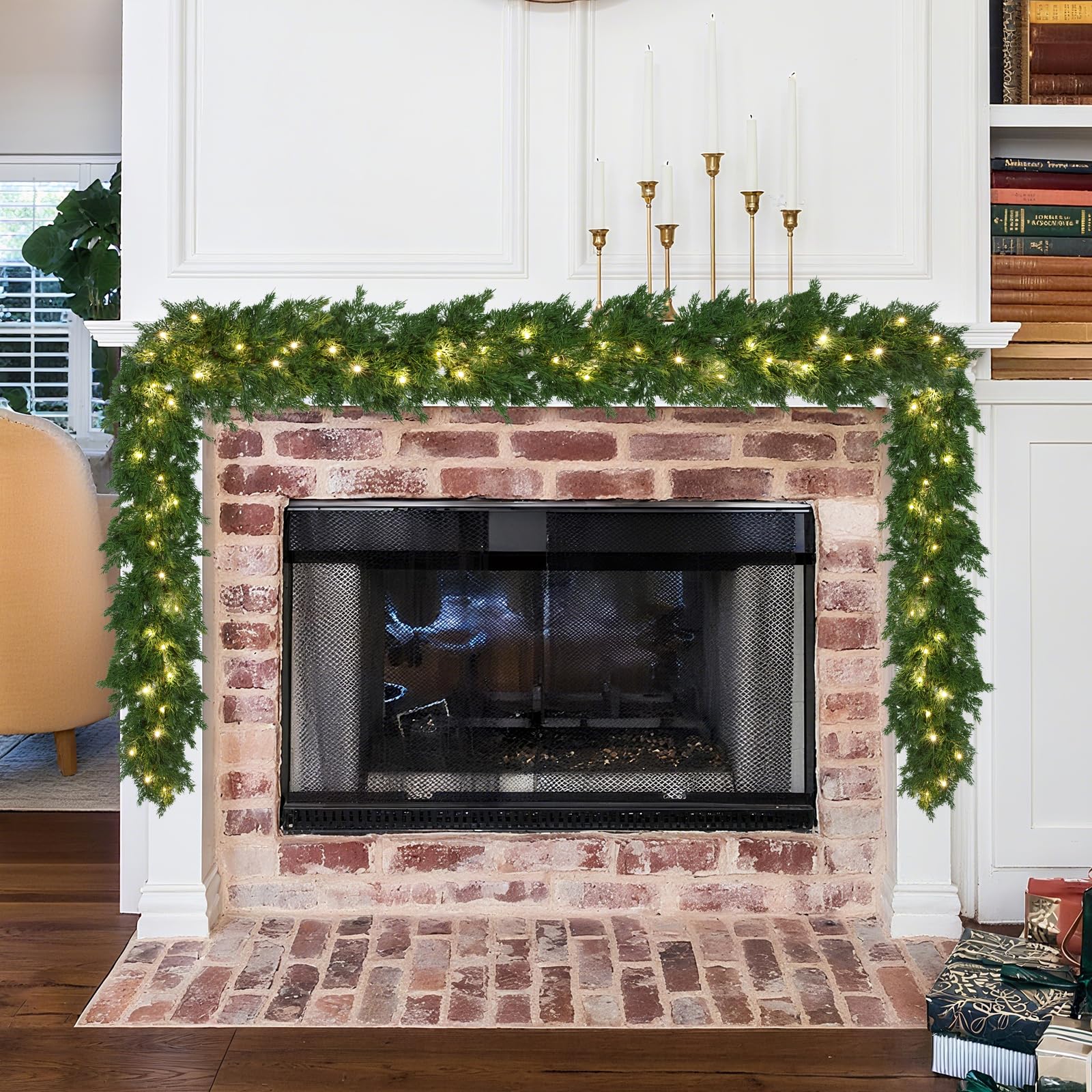 Realistic Christmas Garland With 8 Lighting Modes 6FT Real Touch Lush Artificial Cypress Garlands Prelit Garlands for Stairs Railing Fireplace Table Christmas Decorations Indoor Holiday Decor Greenery