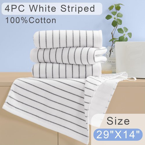 4-Pack Striped Hand Towels, thick 450GSM, Ultra-Absorbent & Quick-Drying ，100% Cotton 13x28 Inch Hand Towels with Hanging Loops, White Background Black Stripe Design for Bathroom & Kitchen
