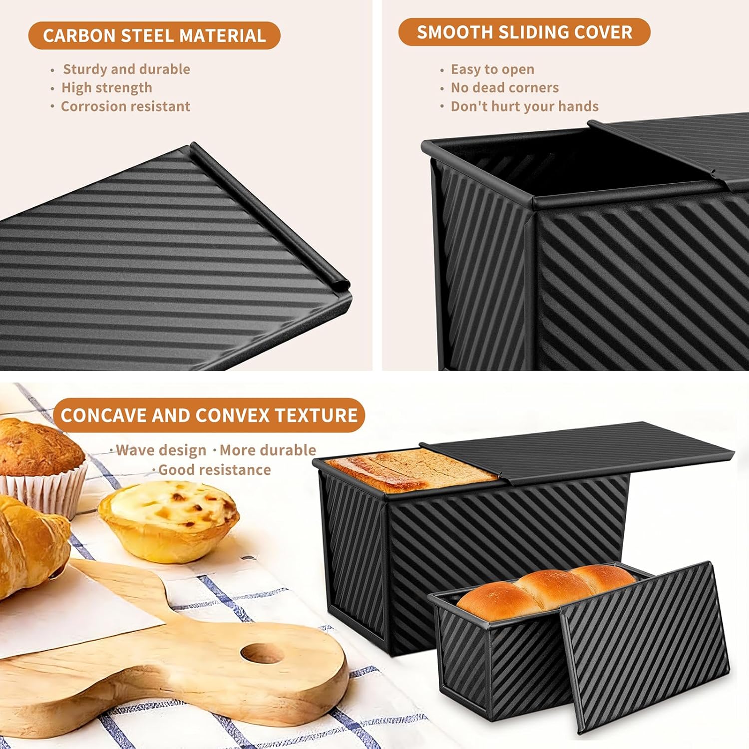 Pullman | 3-Pack Non-Stick Bread Loaf Pan Set - Heavy Duty Carbon Steel with Lids (Black)