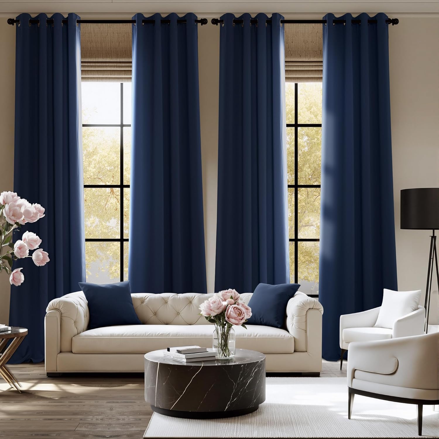NICETOWN Room Darkening Curtains - Navy Blue Drapery Panels, 52" W x 108" L for Light Control