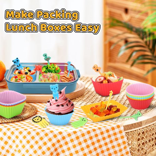 Axlksia 80 Pcs Silicone Lunch Box Dividers Set, Reusable Cupcake Liners for Baking, Colorful Lunch Bento Box Accessories with Cute Animal Food Picks (20 Cupcake Liners + 60 Animal Picks)