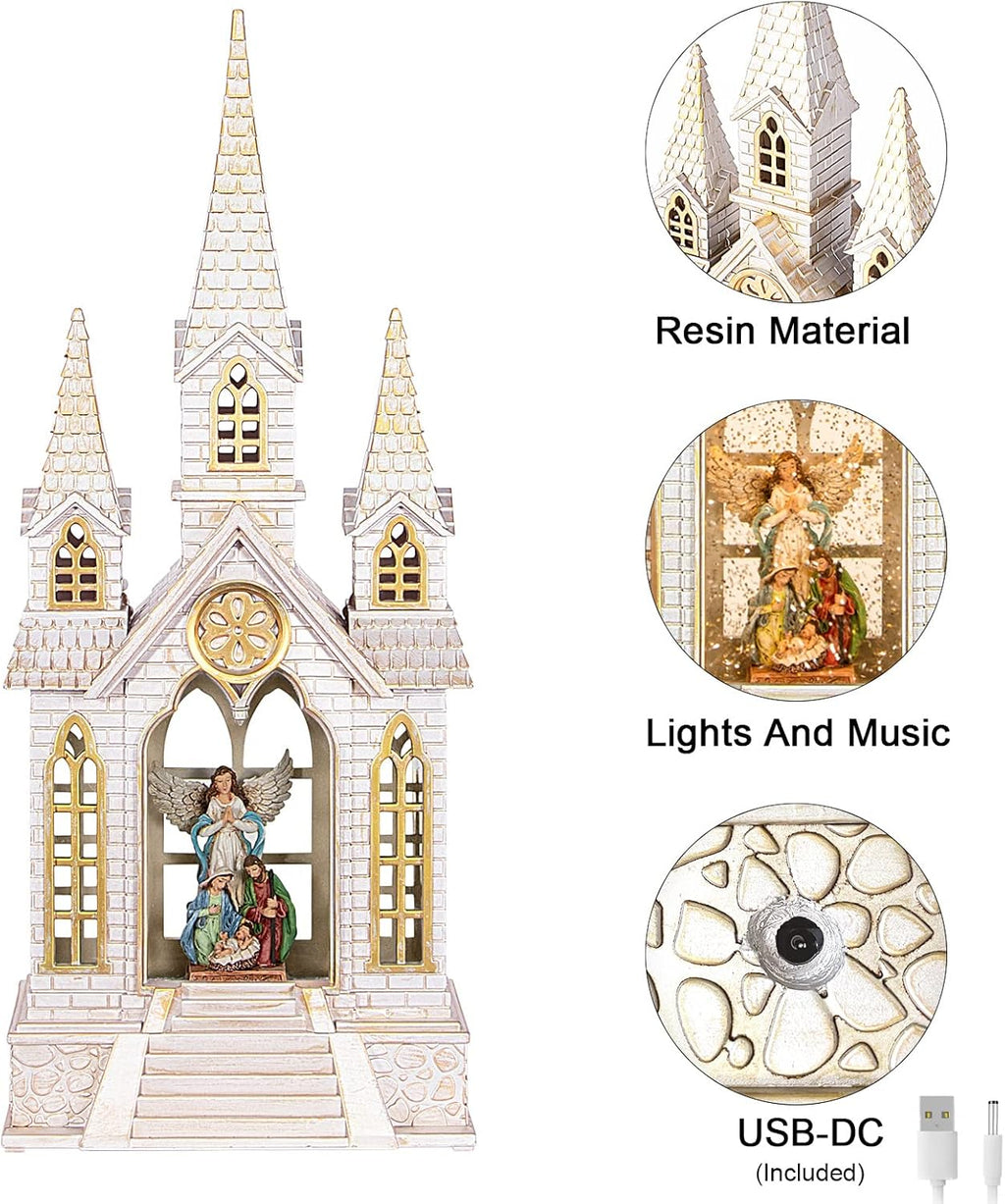 Skiennix Church Snow Globe | Lighted Christmas Lantern with Angel Nativity Scene - Musical Decor