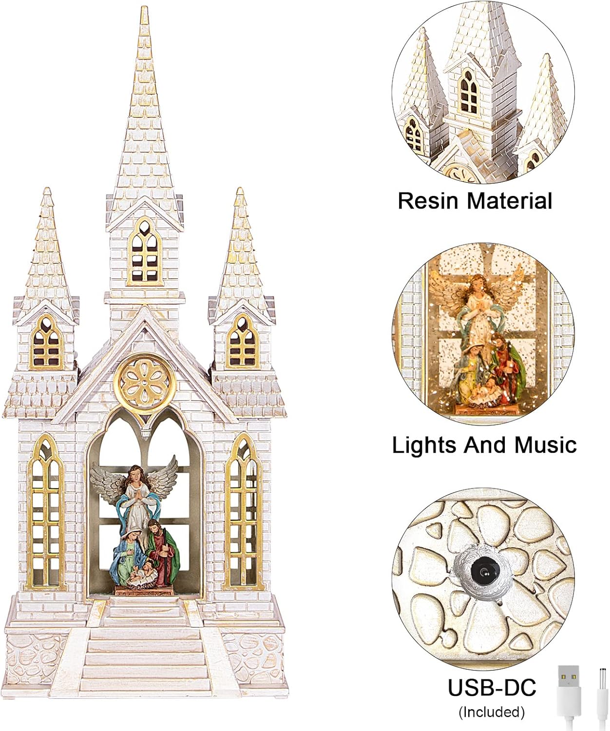 Skiennix Church Snow Globe | Lighted Christmas Lantern with Angel Nativity Scene - Musical Decor